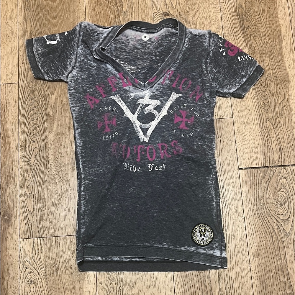 Affliction Black Gray Burnout V-Neck Tee with Pink Logo